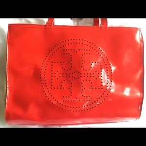 Tory Burch Holiday Red Patent Perforated Tote Bag